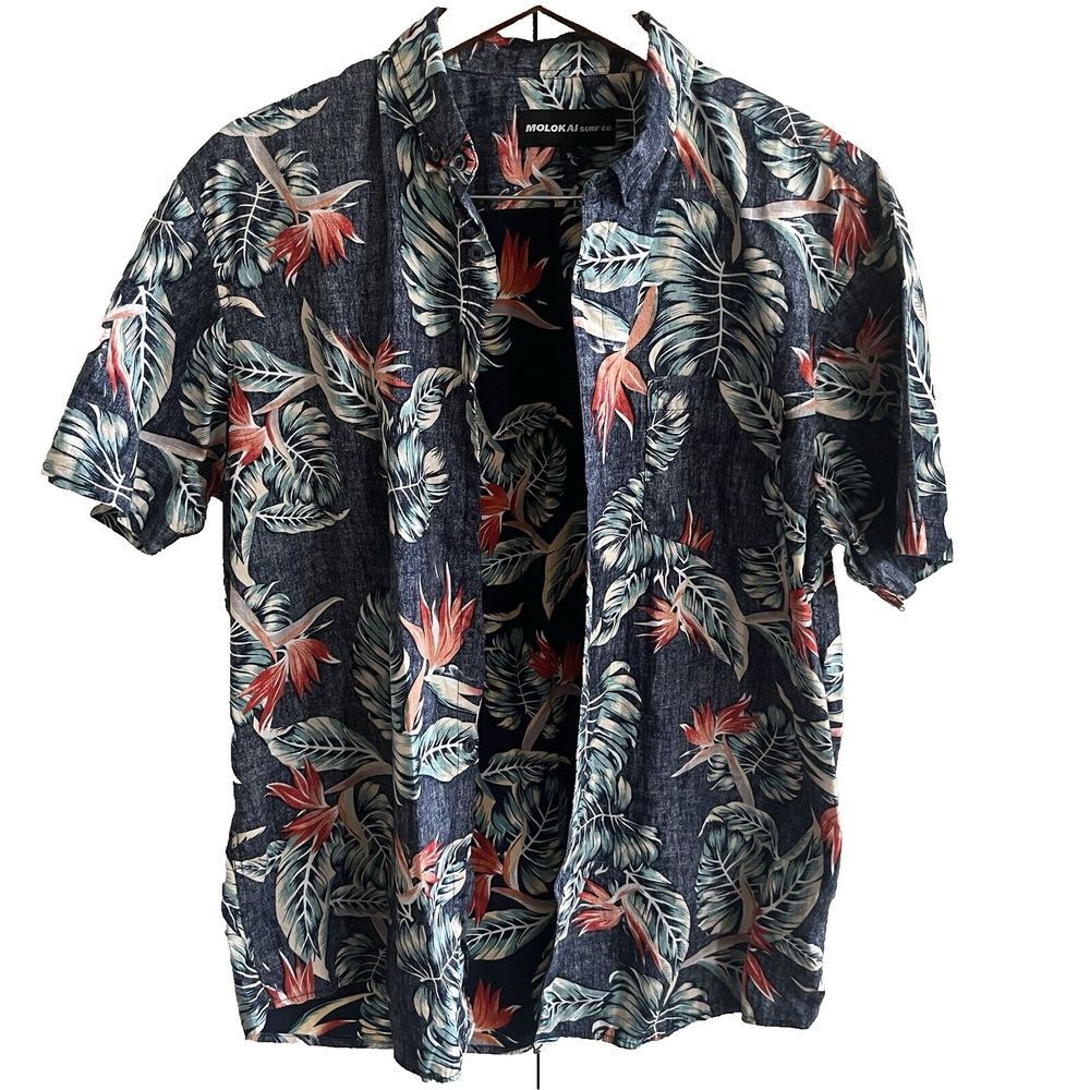 Molokai Men Hawaiian Rustic Shirt Palm Floral Cruise Tropical Luau‎ Beach Aloha
